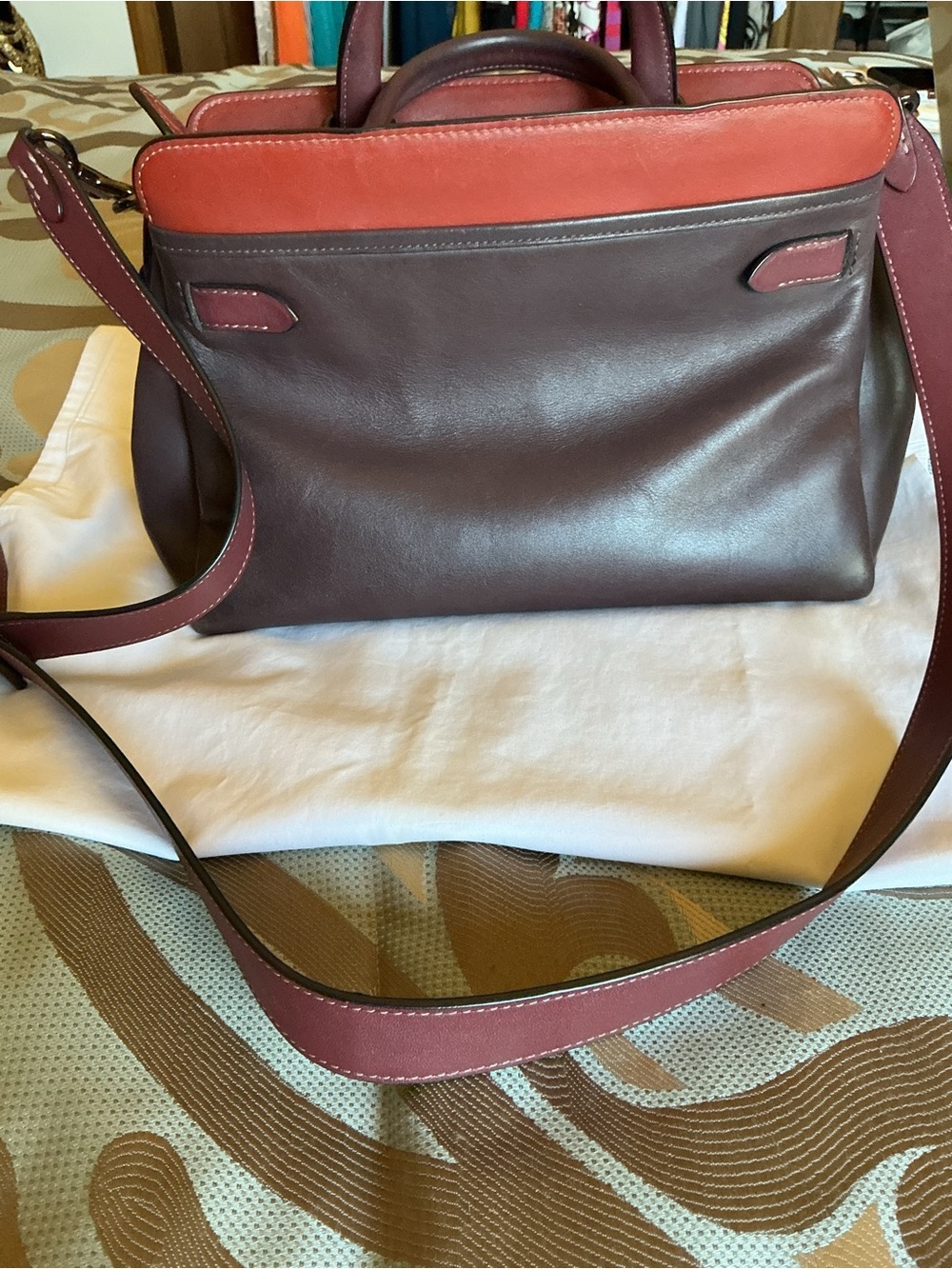 Coach Tate Carryall Two-Tone Brown and Burgundy Leather Crossbody - Picture 6 of 15